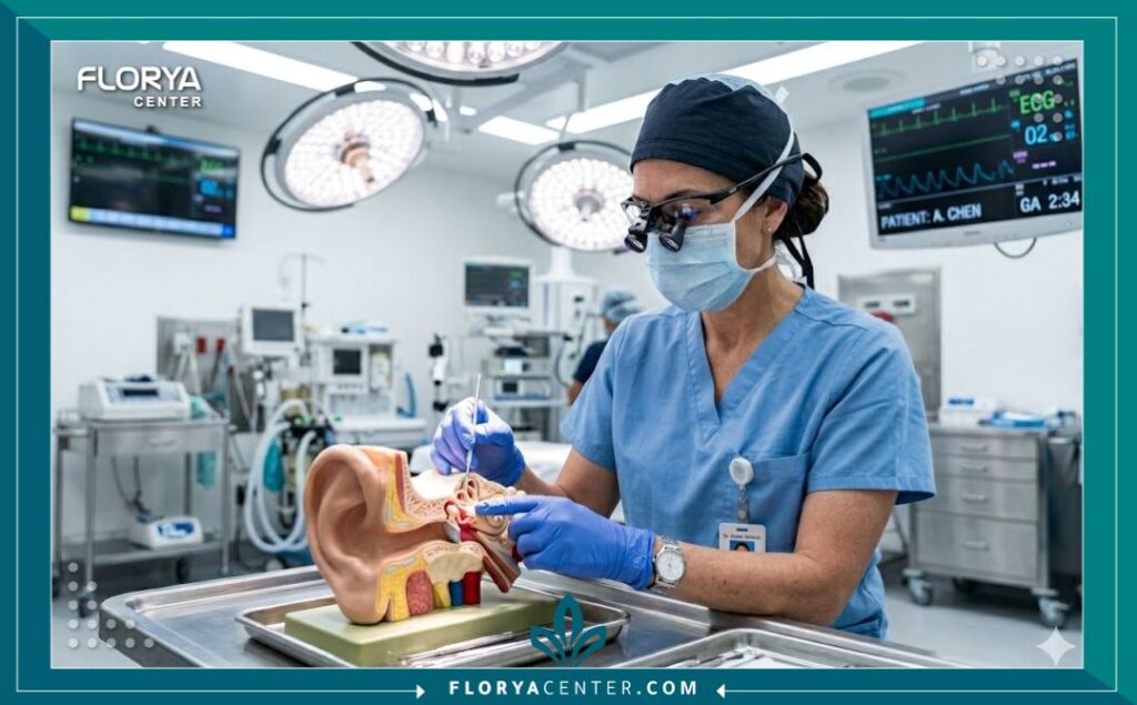 تقنية الاستئصال الغضروفي الجزئي 4 جراح تجميل متخصص داخل غرفة العمليات يخطط لخطوات جراحة تجميل الأذن البارزة.