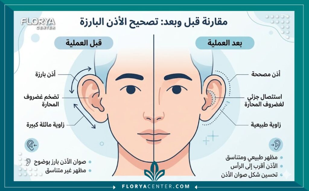 تقنية الاستئصال الغضروفي الجزئي 3 إنفوجرافيك يقارن بين زاوية الأذن البارزة وشكل الأذن المثالي بعد عملية الاستئصال الغضروفي لتقريب الأذن.