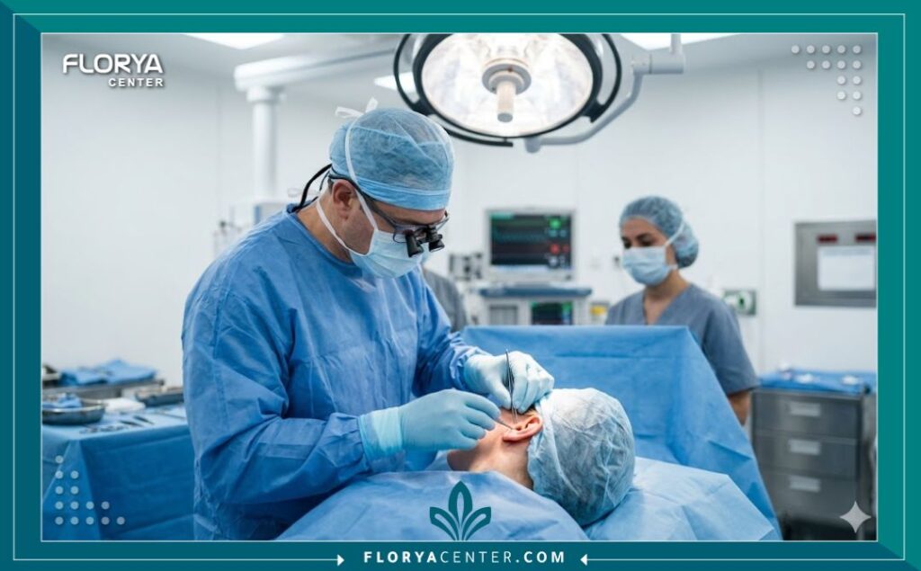 تقنية الخياطة الداخلية لتشكيل طية الأذن 4 جراح تجميل متخصص يقوم بإجراء عملية تجميل الأذن البارزة في غرفة عمليات حديثة ومجهزة بأعلى التقنيات الطبية.