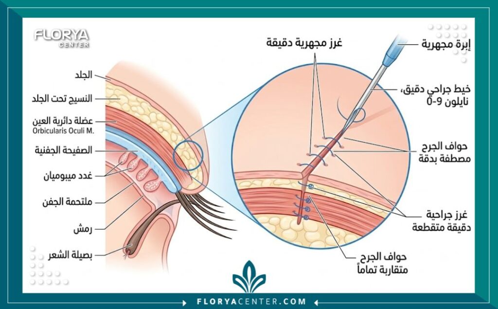 رسم طبي توضيحي يشرح طبقات الجفن ودقة تقنية الخياطة المجهرية لتقليل الندبات إلى الصفر.
