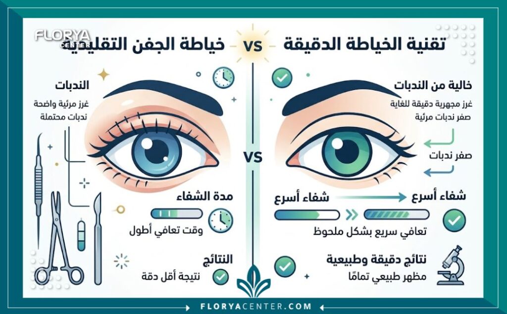 إنفوجرافيك يقارن بين الخياطة التقليدية وتقنية الخياطة المجهرية في تجميل العين من حيث سرعة الشفاء واختفاء الندبات.
