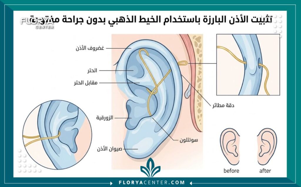 رسم توضيحي طبي يشرح تشريح الغضروف وكيفية عمل خيوط تجميل الأذن البارزة لشد الأذن للخلف بدون تدخل جراحي.