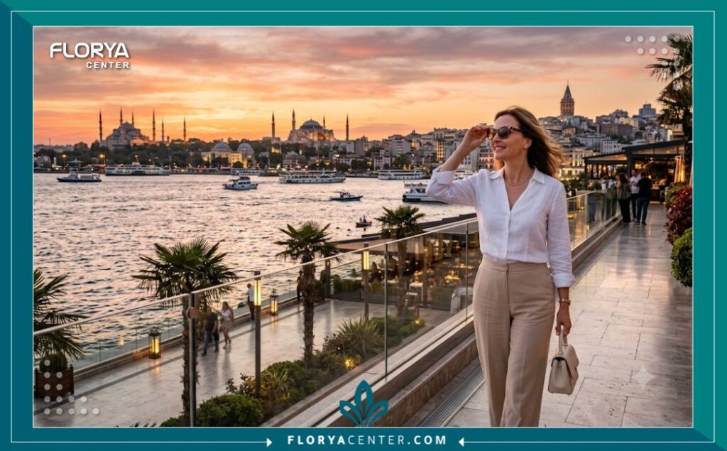 سيدة تبدو متجددة الشباب ومشدودة العيون بعد رحلة السياحة العلاجية لشد الجفون العضلية في إسطنبول، تركيا، تطل على البوسفور.