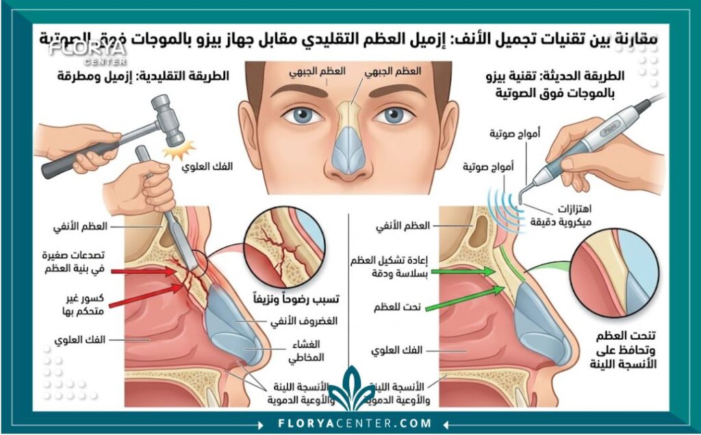 رسم توضيحي طبي يقارن بين الإزميل التقليدي وتقنية بيزو التي تستخدم الأمواج الصوتية لنحت العظام بدقة بدون أضرار.