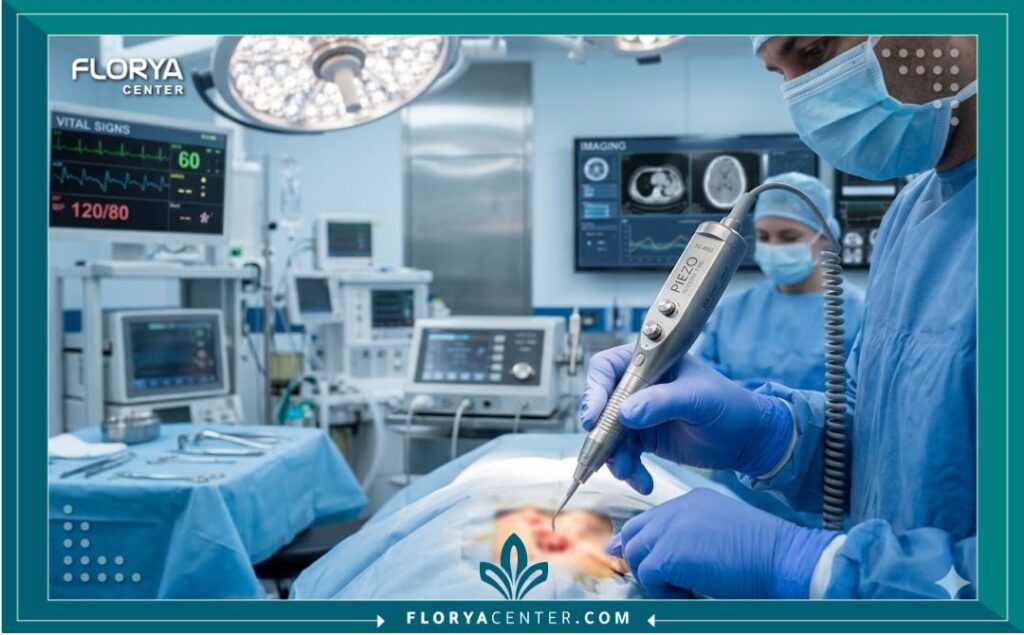 طبيب جراح يحمل جهاز بيزو المتطور داخل غرفة عمليات حديثة ومجهزة بالكامل في مستشفيات تركيا.