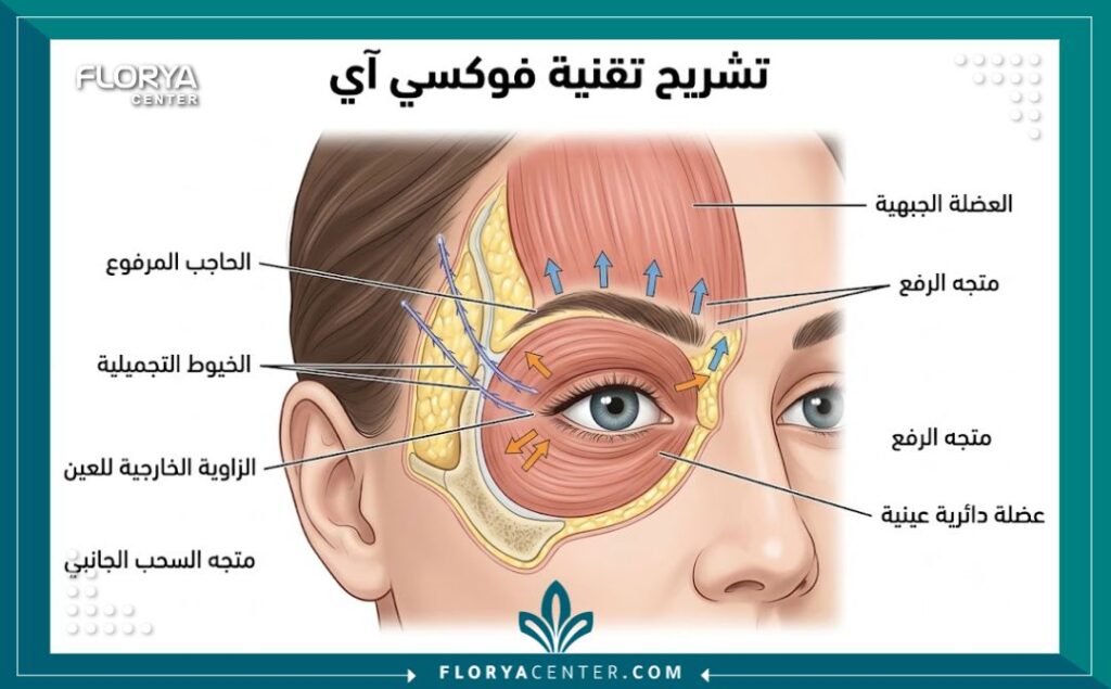 رسم تخطيطي طبي يوضح تشريح منطقة العين والحاجب والأماكن المستهدفة لرفع الزاوية الخارجية للخيوط التجميلية في تقنية فوكسي آي.