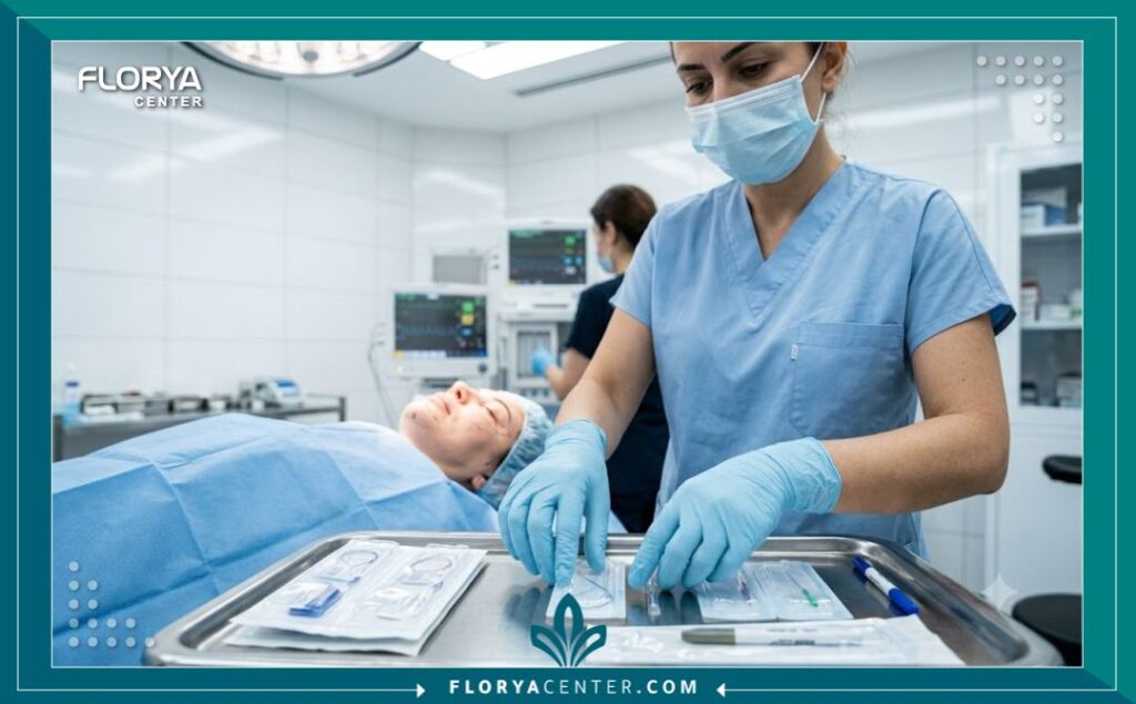 لقطة واقعية من داخل غرفة العمليات في مستشفى تجميل في إسطنبول، تظهر جراح تجميل يستعد لإجراء عملية شد العيون بالخيوط (فوكسي آي) مع أدوات معقمة.