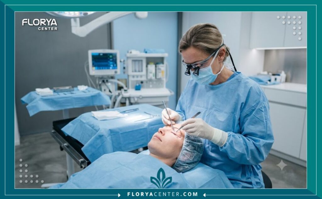مشهد واقعي من داخل غرفة العمليات المعقمة في عيادة تجميل، يُظهر جراحاً يقوم بإجراء تقنية كات آي بعناية واحترافية.