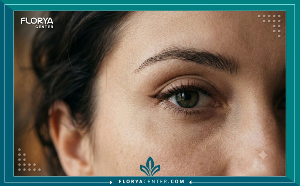 صورة قريبة واقعية عالية الجودة تركز على عيون امرأة، وتبرز النتيجة التجميلية الدقيقة والمحددة لتقنية كات آي، مع إضاءة جمالية.