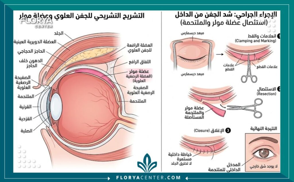 رسم توضيحي طبي لتشريح الجفن العلوي يبرز العضلة المولرية وكيفية إجراء عملية شد الجفن من الداخل بدون شق جراحي خارجي.