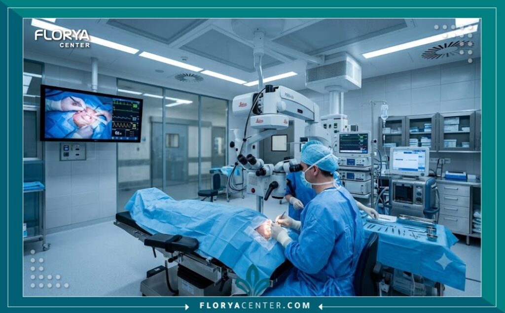 غرفة عمليات حديثة ومجهزة بأحدث التقنيات المجهرية الدقيقة لجراحات العيون وتجميل الجفون في مستشفيات تركيا.