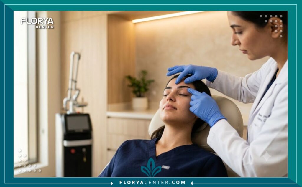 فحص دقيق للجفن العلوي من قبل طبيب تجميل العيون المتخصص لتقييم حالة تدلي الجفن قبل إجراء تقنية مولر.