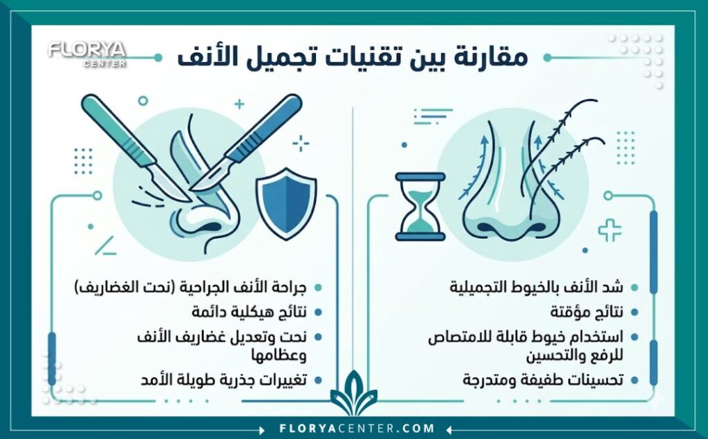 إنفوجرافيك طبي يقارن بين النتائج الدائمة لتقنية نحت الغضروف المشرطية والنتائج المؤقتة لتقنية الخيوط التجميلية للأنف.