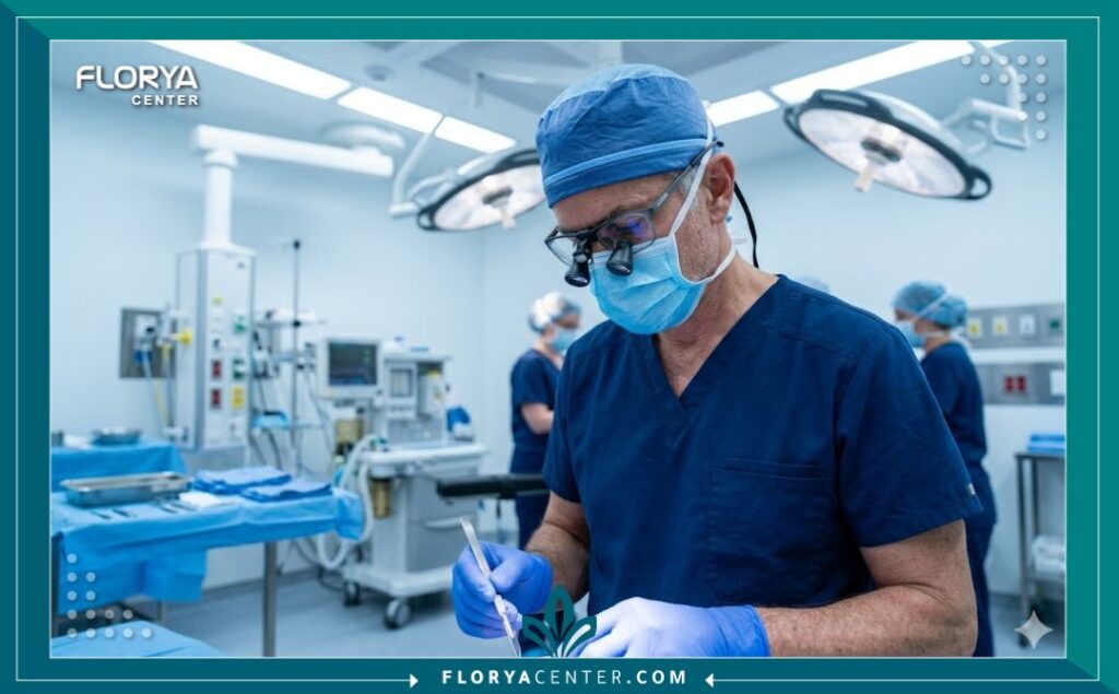 جراح تجميل خبير داخل غرفة عمليات حديثة ومعقمة يستعد لإجراء الجراحة باستخدام تقنية نحت الغضروف المشرطية المتقدمة.