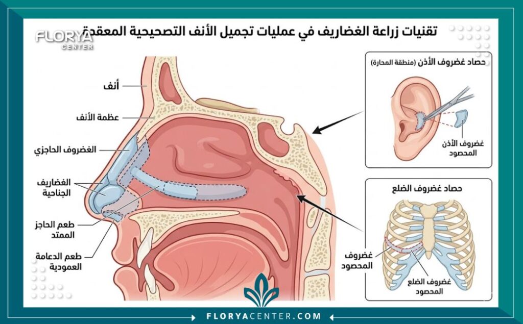 رسم طبي دقيق يوضح استخدام غضاريف الأذن أو الصدر في جراحة مراجعة تجميل الأنف المعقدة.