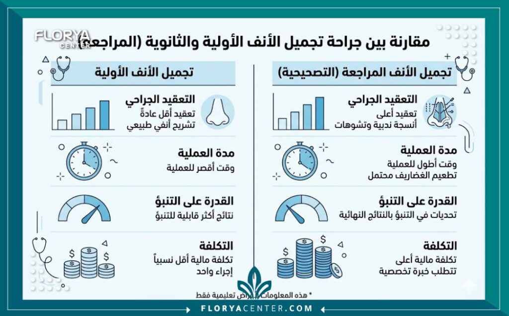 إنفوجرافيك يقارن بين تكلفة تجميل الأنف الأولية وتكلفة إعادة عملية تجميل الأنف وأسباب اختلاف الأسعار.