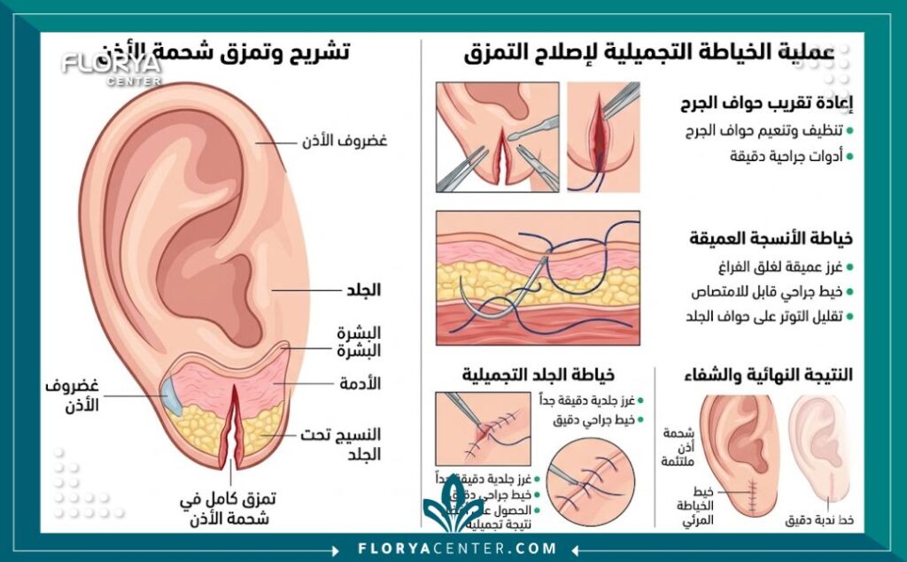تكلفة اصلاح ثقب الاذن التجميلي 2 رسم توضيحي طبي يوضح خطوات جراحة خياطة وإصلاح شحمة الأذن الممزقة.