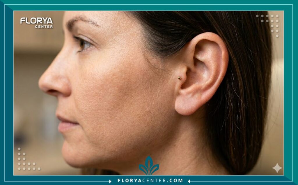 تكلفة اصلاح ثقب الاذن التجميلي 5 لقطة قريبة لشحمة أذن خالية من الندبات بعد إجراء عملية تجميل وخياطة الثقب الممزق.