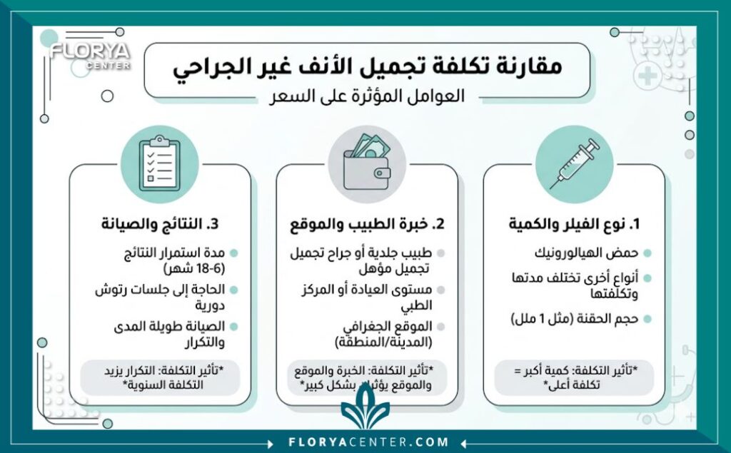 إنفوجرافيك يوضح سعر حقنة فيلر الأنف في تركيا ومميزات فيلر الأنف في تركيا مقارنة بالعمليات الجراحية.