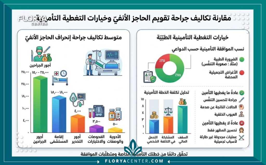 إنفوجرافيك يوضح مقارنة تكلفة تعديل الحاجز الأنفي في تركيا ومدى تغطية التأمين الطبي لها
