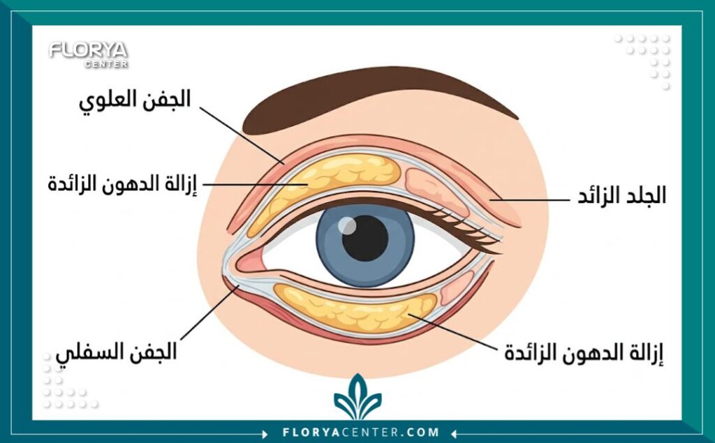 مخطط طبي توضيحي يبيّن تشريح الجفن العلوي والسفلي والمناطق التي تستهدفها جراحة تجميل الجفون للتخلص من الترهلات والدهون الزائدة.