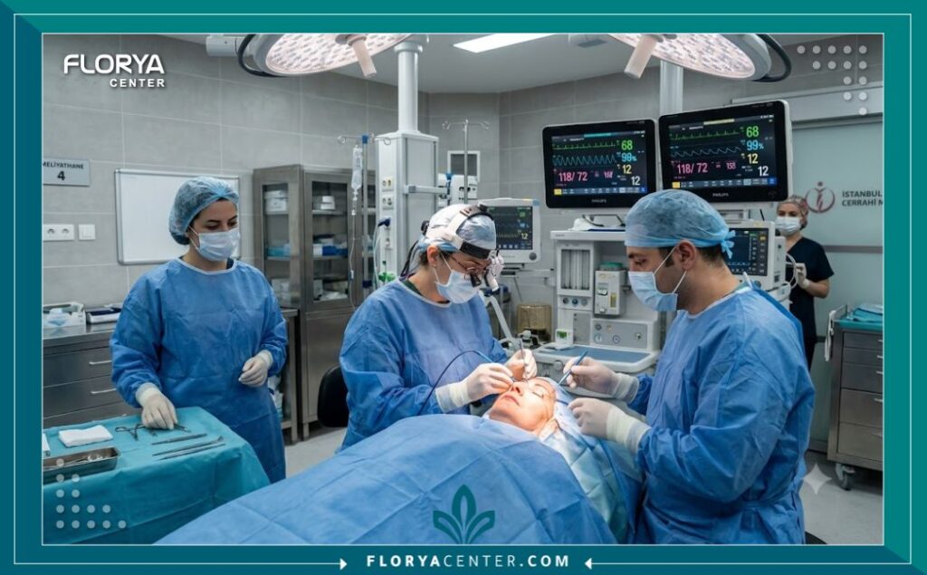 صورة واقعية لغرفة عمليات معقمة واحترافية في مستشفى تركي حديث حيث يجري جراحون متخصصون عملية تجميل الجفون.