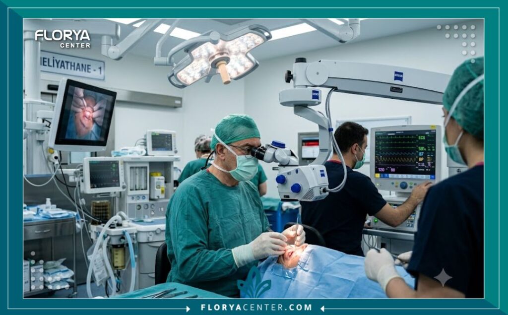 داخل غرفة العمليات في مستشفى تركي حديث أثناء إجراء عملية شد الجفن (Blepharoplasty) بواسطة جراح تجميل خبير.