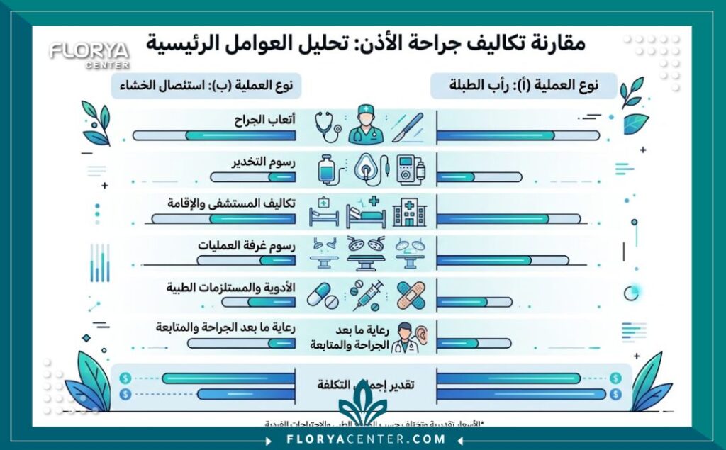 إنفوجرافيك يوضح العوامل التي تحدد سعر عملية تصغير الأذن الطويلة