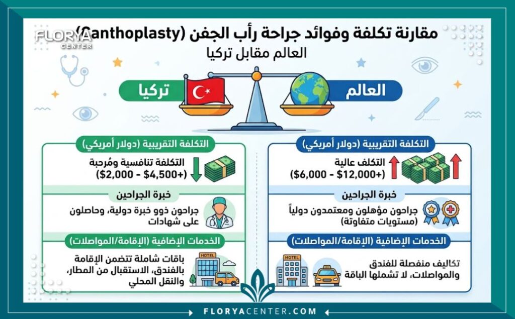 إنفوجرافيك يقارن بين تكلفة جراحة شد زاوية العين ومميزاتها في تركيا مقابل الدول الأخرى، موضحًا التوفير المالي والخبرة الطبية.