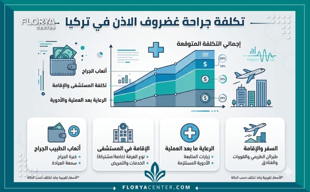 إنفوجرافيك يوضح ميزانية وتكلفة جراحة غضروف الاذن في تركيا شاملة الفحوصات وتكاليف المستشفى.