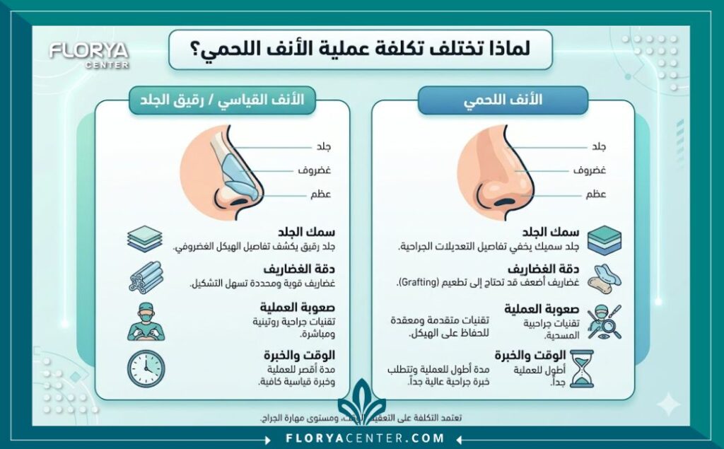 إنفوجرافيك يوضح أسباب اختلاف تكلفة عملية الأنف اللحمي في تركيا بناءً على وقت الجراحة والمهارة.