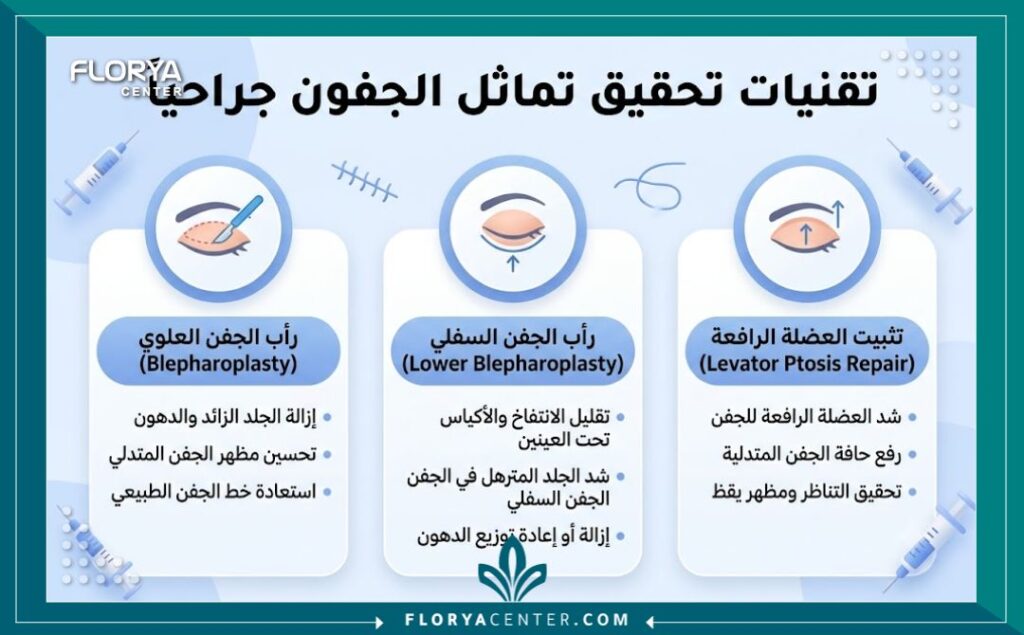 إنفوجرافيك يوضح ثلاث تقنيات جراحية مختلفة لتحقيق تماثل الجفون في تركيا، بما في ذلك رأب الجفن العلوي والسفلي وتصحيح الإطراق.