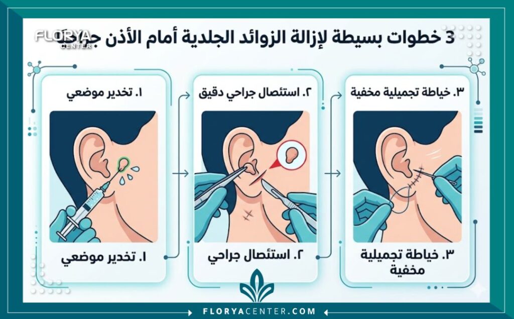 إنفوجرافيك يشرح خطوات عملية إزالة الزوائد الجلدية أمام الأذن جراحياً بدءاً من التخدير الموضعي وحتى الخياطة التجميلية المخفية.