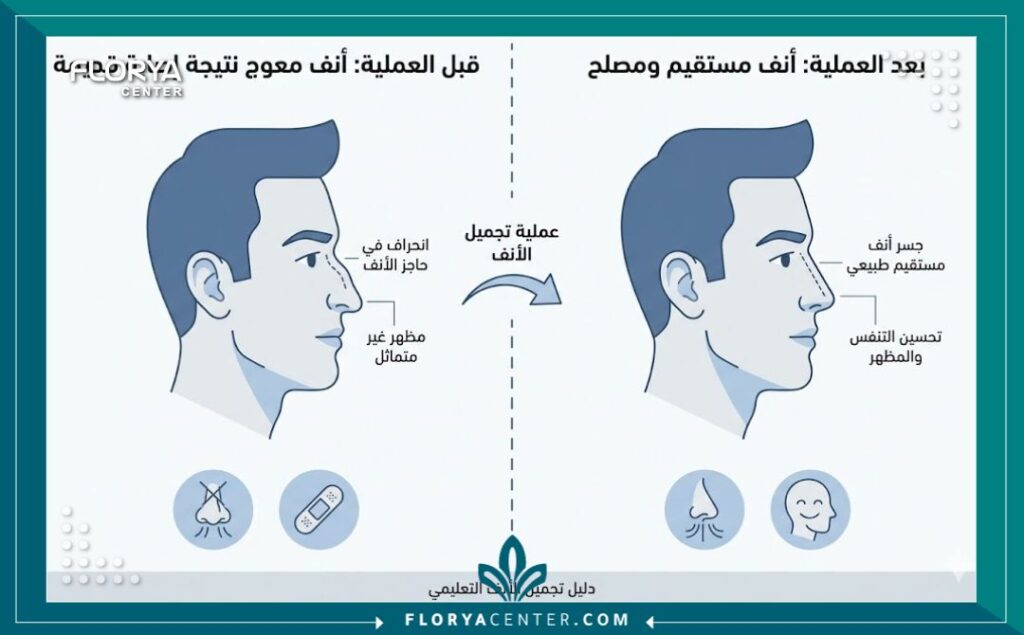 إنفوجرافيك طبي يقارن بين شكل الأنف قبل وبعد التدخل الجراحي لعلاج كسر الأنف القديم.
