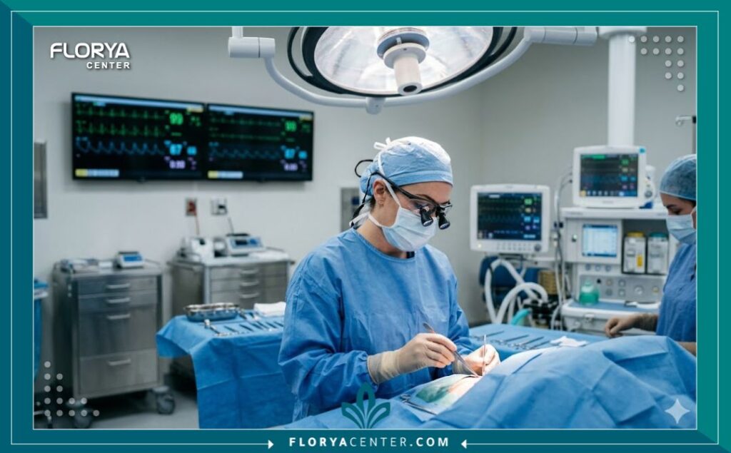 طبيب جراح متخصص داخل غرفة عمليات حديثة ومجهزة لإجراء جراحة دقيقة لإصلاح تشوهات الأنف.