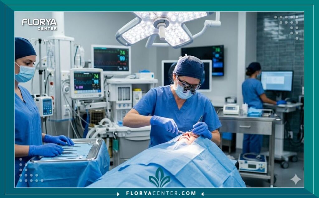 طبيب جراحة تجميل متخصص يطالع تفاصيل عملية تجميل الأنف داخل غرفة عمليات حديثة ومجهزة بالكامل.