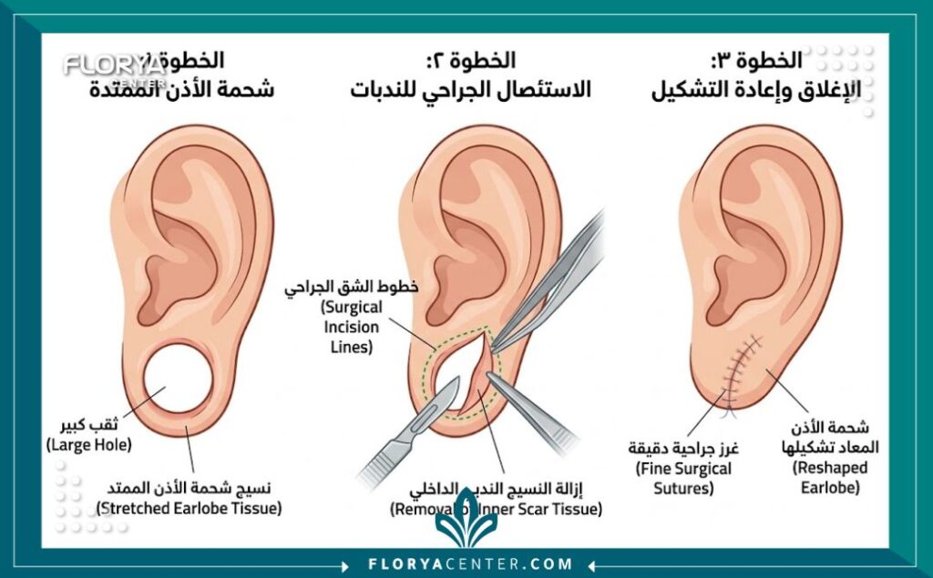 رسم توضيحي طبي يشرح خطوات جراحة إعادة بناء شحمة الأذن بعد التوسيع وقص الجلد الزائد والخياطة التجميلية.