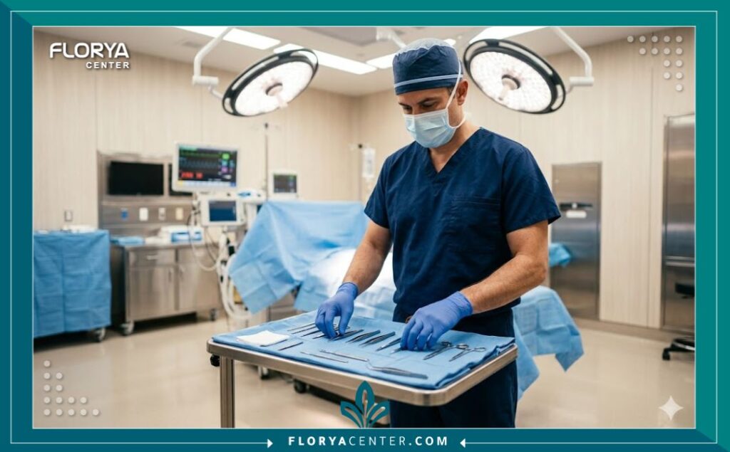 غرفة عمليات حديثة ومجهزة بأعلى المعايير لإجراء جراحة تجميل وإغلاق فتحات شحمة الأذن الواسعة.
