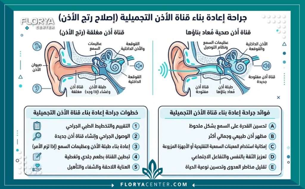 إنفوجرافيك طبي يقارن بين انسداد القناة السمعية وشكل الأذن بعد جراحة إعادة بناء وتجميل قناة الأذن الخارجية.