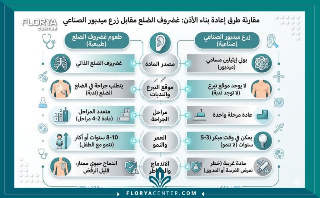 جراحة الأذن الصغيرة في تركيا 3 إنفوجرافيك يقارن بين تقنيات جراحة الأذن الصغيرة في تركيا باستخدام غضروف الضلع أو الزراعة الصناعية.