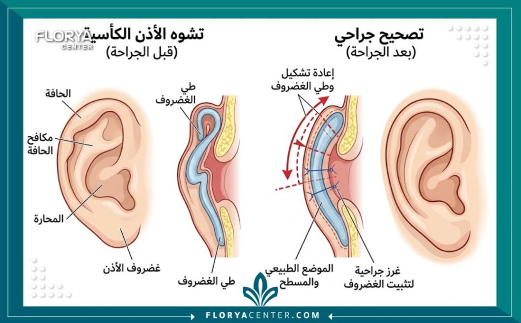 جراحة الأذن الكأسية في تركيا 2 رسم توضيحي طبي يشرح التشريح الداخلي وخطوات طي الغضروف في جراحة الأذن الكأسية لتصحيح الأذن البارزة.