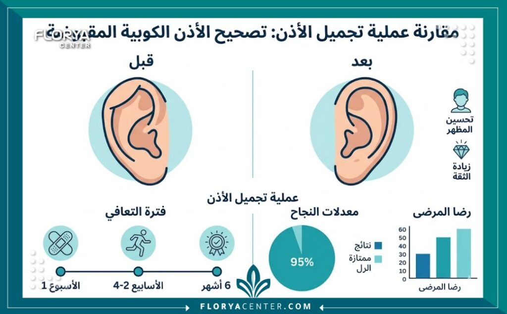 جراحة الأذن الكأسية في تركيا 3 إنفوجرافيك يوضح مقارنة قبل وبعد جراحة الأذن الكأسية في تركيا ونسب نجاح عملية تصحيح صيوان الأذن العميق.