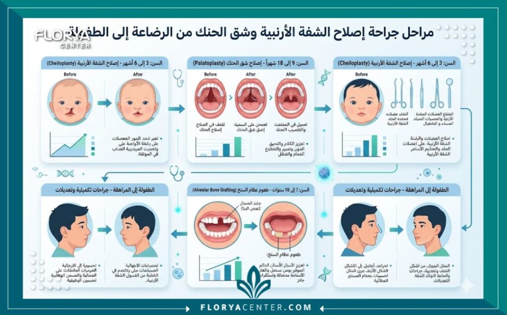 جراحة الأنف والشفة المشقوقة في تركيا 3 إنفوجرافيك يوضح مراحل وعمر إجراء عمليات إصلاح وتجميل الشفة المشقوقة وسقف الحلق.
