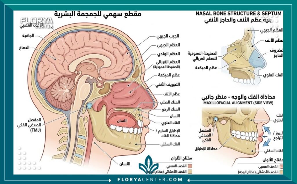 جراحة الأنف والوجه الفكي في تركيا 2 رسم توضيحي طبي لتشريح عظام الجمجمة يوضح إصلاح الفكين وهيكل الأنف وتطابق العضة.