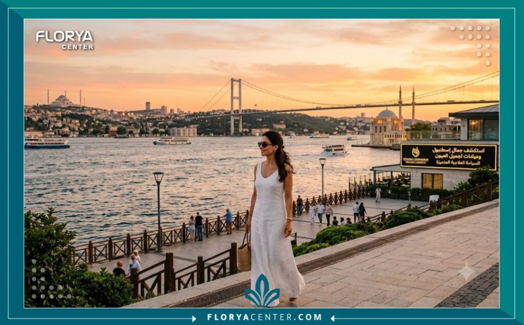 صورة بانورامية لإسطنبول تظهر السحر والجمال التركي المطل على البوسفور، مع امرأة تروج للسياحة العلاجية وجراحة تجميل العيون في بيئة مريحة وفخمة، تجمع بين العلاج والاسترخاء.