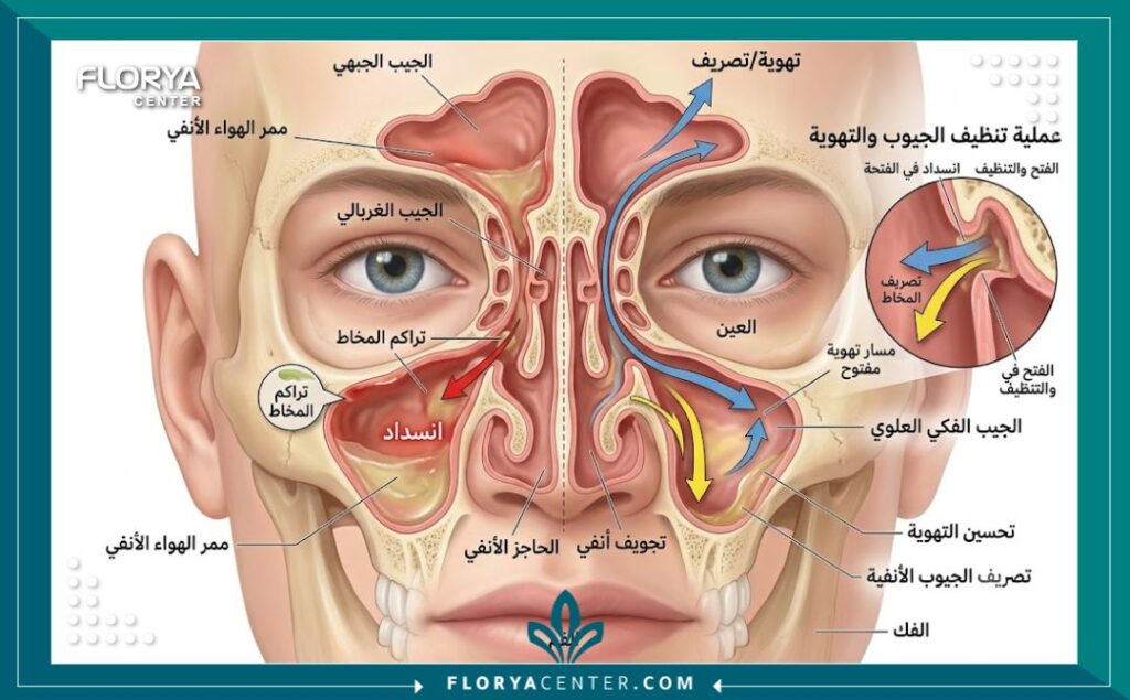 جراحة الجيوب الأنفية المزمنة 2 رسم توضيحي طبي لتشريح الجيوب الأنفية يوضح تنظيف الجيوب وفتح مسارات التهوية.