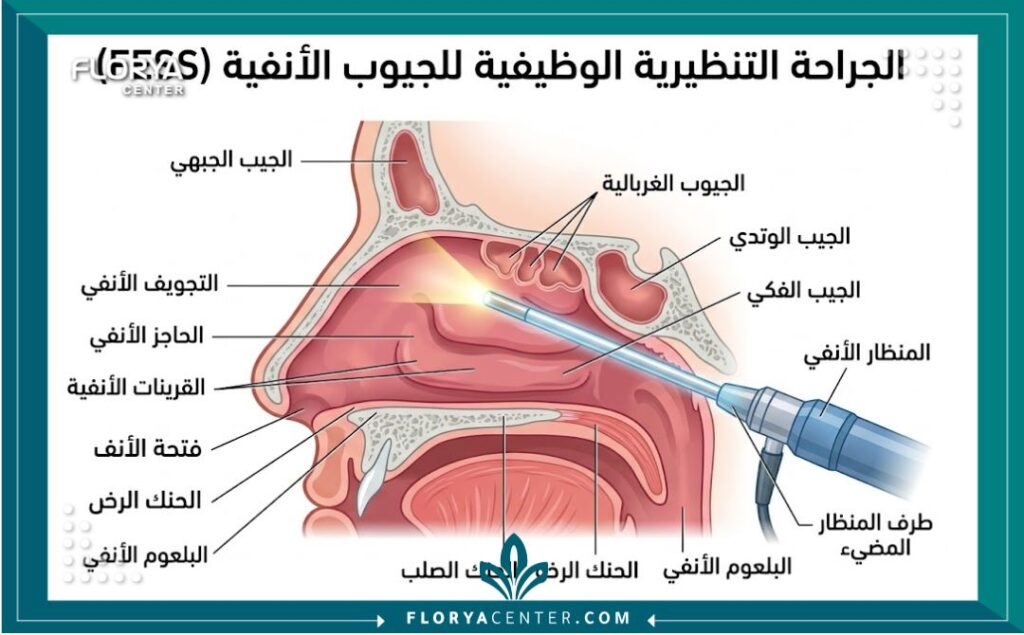 رسم توضيحي طبي يوضح تشريح الجيوب الأنفية وكيفية إجراء عملية المنظار (FESS) بدون شقوق خارجية.