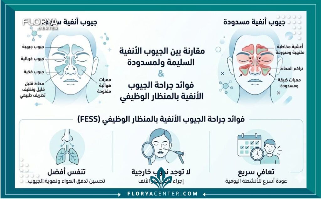 إنفوجرافيك يوضح فوائد جراحة الجيوب الأنفية بالمنظار ومقارنة لانسداد الجيوب قبل وبعد العملية.