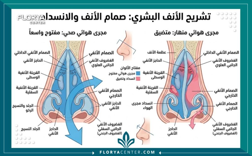 جراحة الصمام الأنفي في تركيا 2 رسم توضيحي طبي يوضح تشريح الصمام الأنفي والفرق بين مجرى الهواء الضيق والسليم.