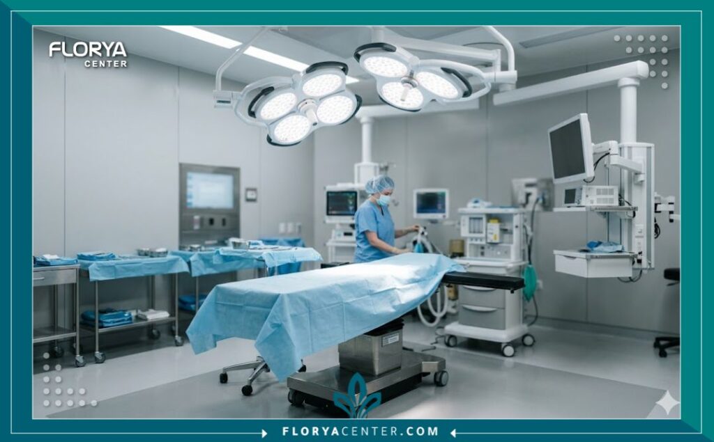 غرفة عمليات حديثة ومعقمة داخل عيادة تجميل مجهزة بأحدث التقنيات لإجراء جراحة تجميل الأنف.